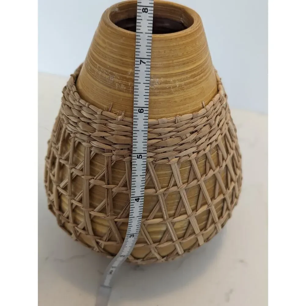 Bamboo Vase W Seagrass Weave Wrapped Rattan Bohemian Earthenware